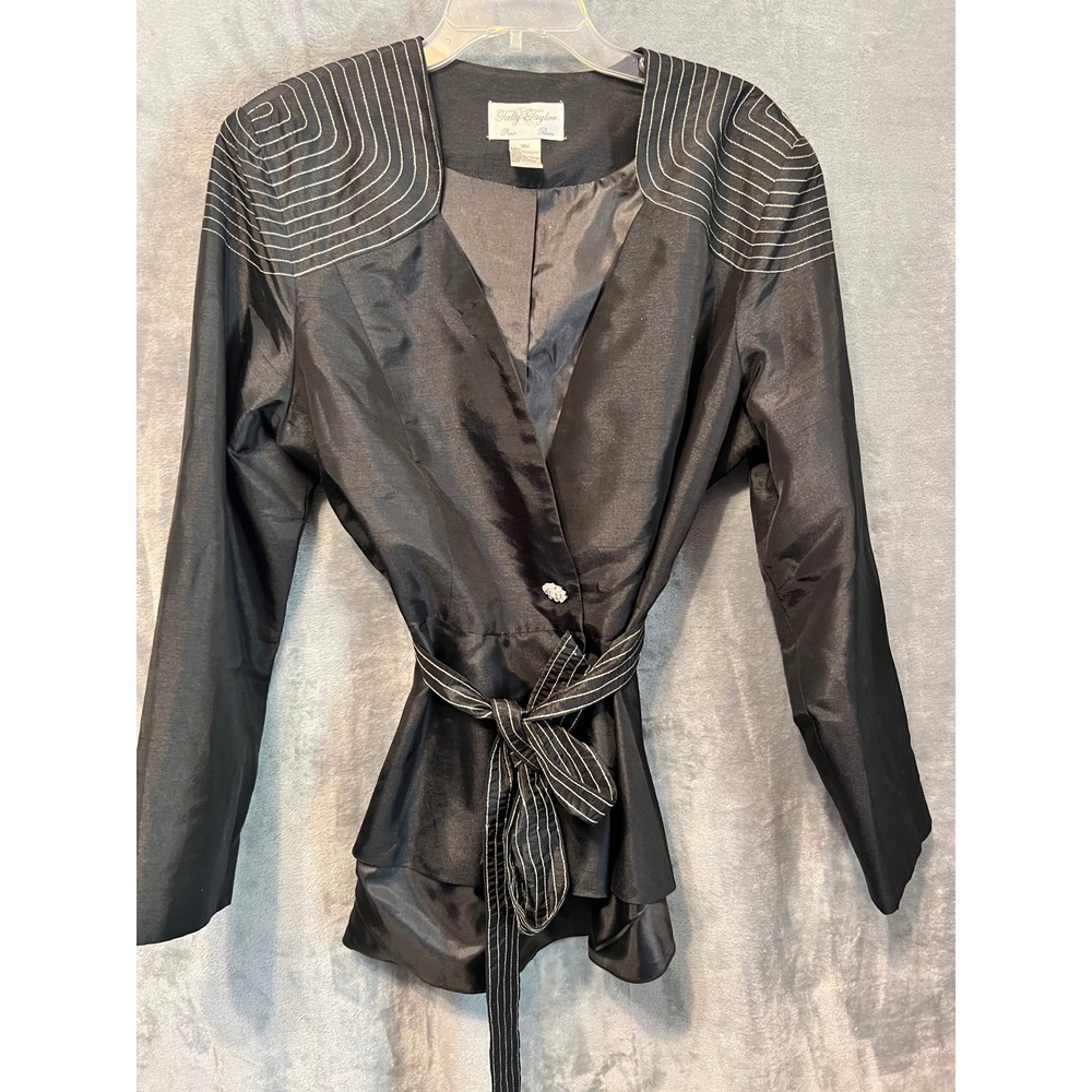 Tally Taylor Black Satin Blazer 18W Belted Rhinestone Paris Formal Chic Peplum‎